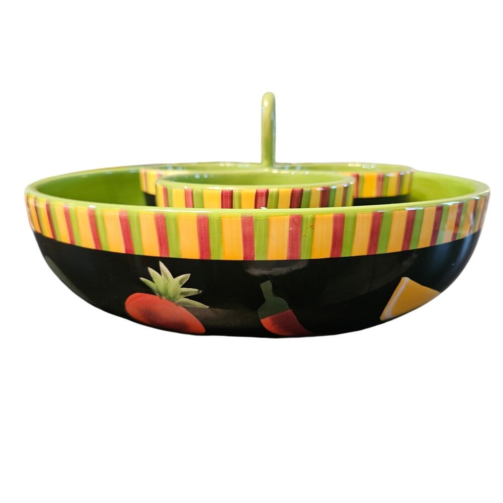 Vintage Crate & Barrel Pimenta Caliente Chip & Dip Bowl Set Rare Tri-Dip Edition